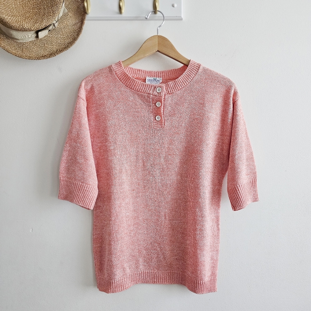 Vintage 80s SweeTree Pink Henley Knit Sweater Top 3 Button Short Sleeve USA S